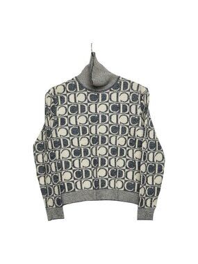 Dior Sports Turtleneck Knit Sweater M Navy Off White Wool Rayon Silk
